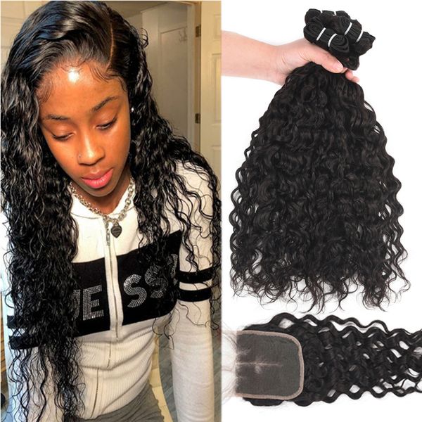 

9a malaysian virgin hair 4 bundles with lace closure water deep loose wave human hair bundles with 4x4 lace closure hair extension weaves, Black