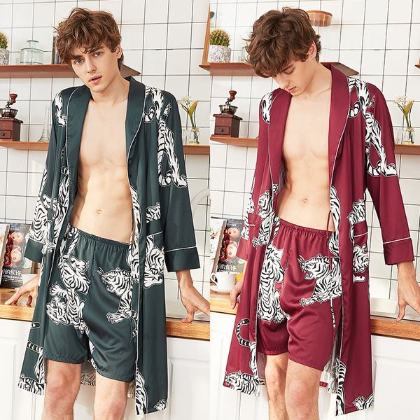 

silk robe men long animal printing pajamas male nightgown sleepwear kimono homme dressing gown 2pcs shorts homewear bathrobes, Black;brown