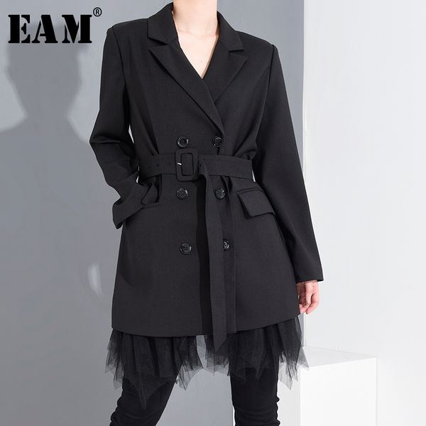 

eam] women black long hem mesh split joint blazer new lapel long sleeve loose fit jacket fashion spring autumn 2020 1s99501, White;black