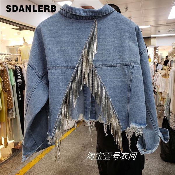 

ковбойское пальто девушка lady fashion water drill бриллианты кисточкой цепная куртка женщины отверстие, чтобы сделать старую короткую джинс, Black;brown