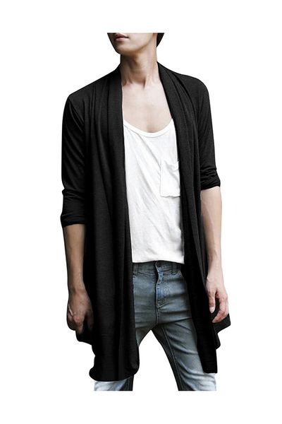 

men shawl collar high-low hem long cardigan s-xxl, Tan;black
