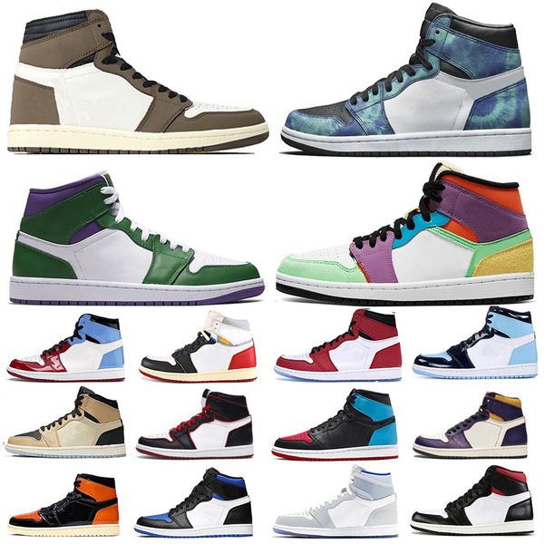 

discount new racer blue tie dye fearless 1 1s travis scotts basketball shoes court purple fossil spiderman chicago unc mens trainers sneaker, White;red