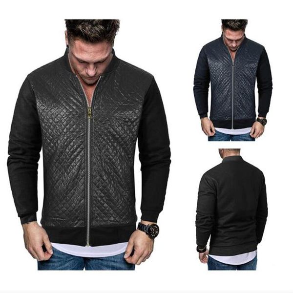 

2020 fashion stylist style jacket men's stand collar zipper plaid stitching long sleeve jacket outdoor casual slim, Black;brown
