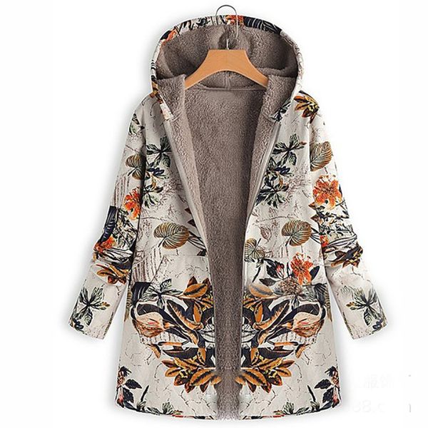 

leaves floral print warm coat women winter long sleeve hooded jacket fluffy fur cozy zipper outwear s-5xl, Black