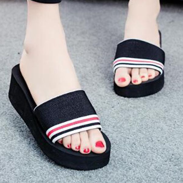 

color stripe thick bottom muffins woman platform sandals summer flip flops ladies open toe wedges sandals feminino slippers s7, Black