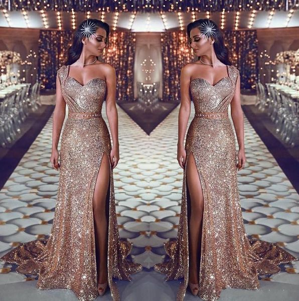 

2019 One Shoulder Sequin Mermaid Evening Dresses Ruched Split Beaded Waistband Party Gowns Sweep Train Plus Size Prom Dresses