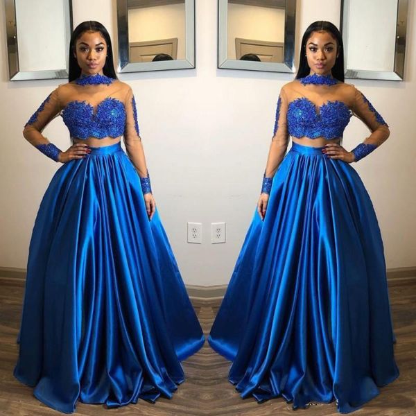 

elegant royal blue two pieces prom dresses sheer high neck long sleeves appliques evening gowns zipper back customize party dress, Black