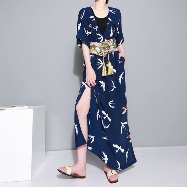

fairy summer dress 2019 japanese kimono young swallow low v vent easy chalaza overlength dress 445, White;black