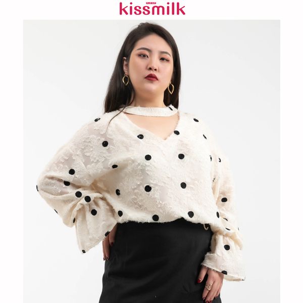 

kissmilk 2020 весной и летом новый женская мода плюс размер wave dot листьев лотоса тонкий рубашку с длинными рукавами, White