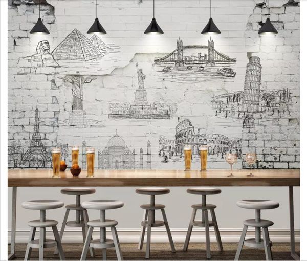 Custom 3d Silk Photo Mural Wallpaper Vintage Wall Brick World Name Architecture Hand Drawn Line Drawing Company Business Background Wall Free
