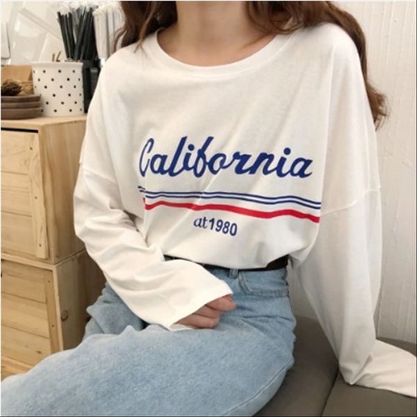

2019 early autumn loose all-match slim letter printed long-sleeved t-shirt round collar base shirt female, White