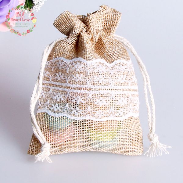 

8.cm 50pcs lace natural jute burlap drawstring bag jewelry gift candy bag home decoration wedding party decoration supply