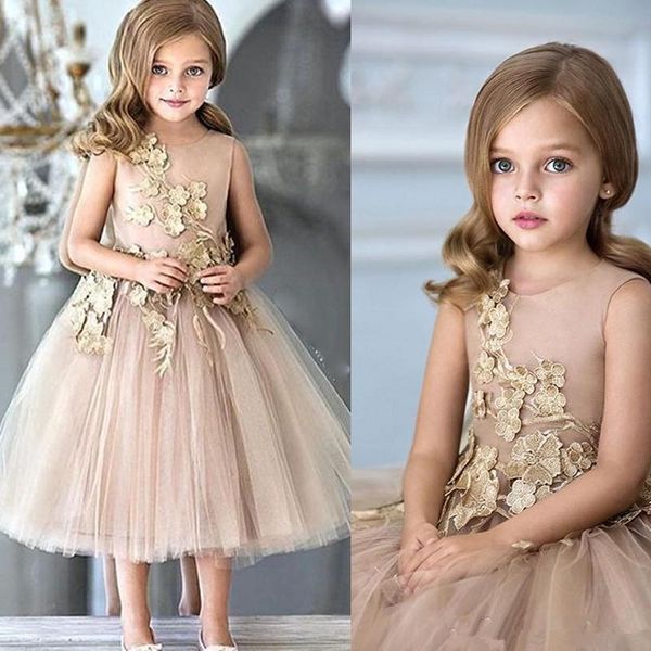 

2020 flower girls dresses for weddings champagne tulle appliques ankle length a line pageant gowns zipper back communion gown, White;blue