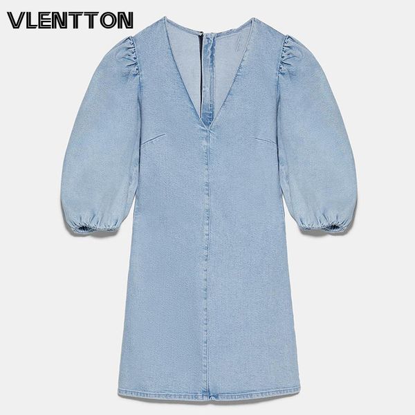 

party dresses 2021 spring summer vintage blue denim mini dress women v-neck puff sleeve zipper elegant jean ladies vestidos, White;black
