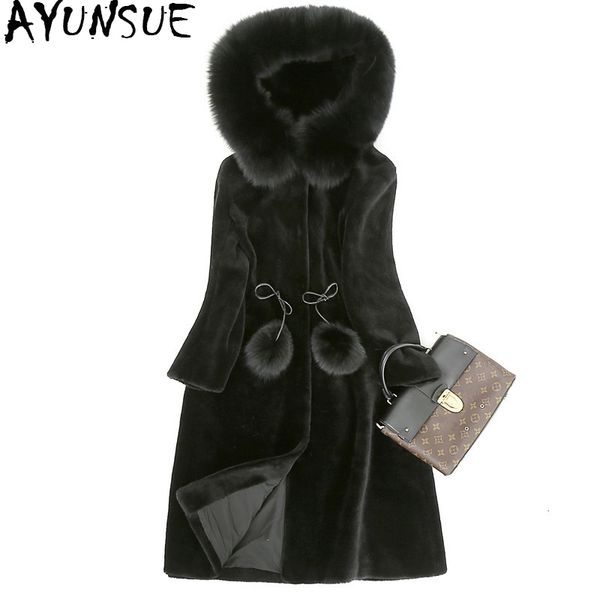 

ayunsue real fur coat female natural sheep shearing overcoat with genuine fox fur collar hooded wool winter jacket women wyq835 y190926, Black;brown