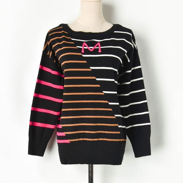 

2019 autumn and winter new letter  contrast color striped bat sleeve sweater sweater, White;black