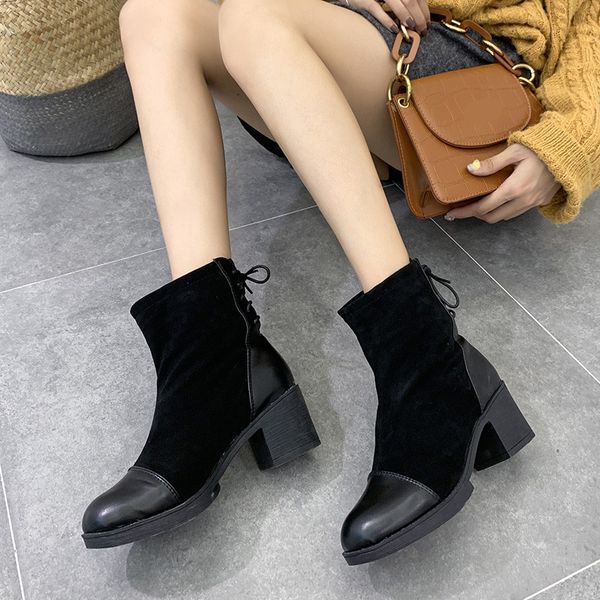 

boots women new 2019 shoes woman winter shoes lace up round toe low heels booties booties ladies 2020 black mid-calf elegant