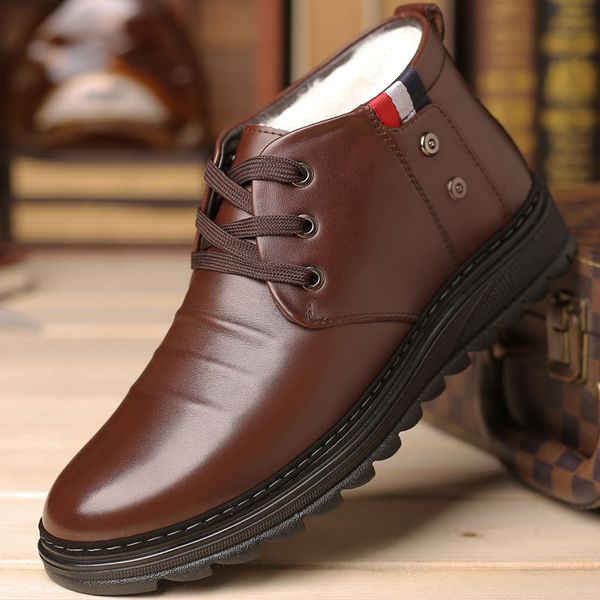 

waterproof super warm mens leather casual shoes solid rubber lace up winter male casual sneakers high leather shoes, Black