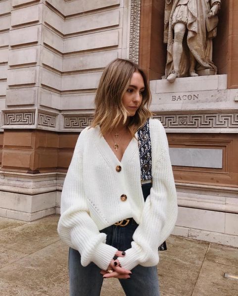 

new autumn winter sweater women casual warm sweaters split cardigan long lantern sleeve loose v-neck button thicken sweaters, White