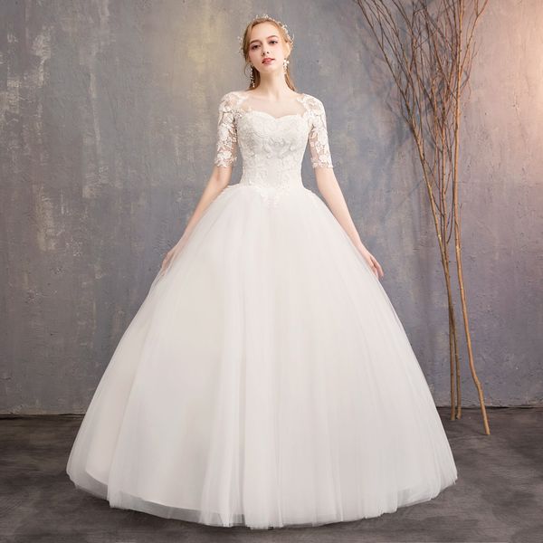 

scoop neck tulle ball gown wedding dresses with lace 2019 ivory floor length wedding gown lace up, White