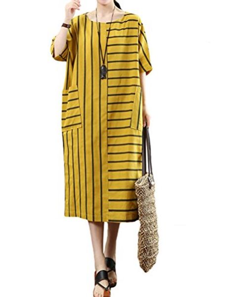 

mordenmiss women's cotton linen dress stripes patchwork shirt dress with pockets, Black;gray