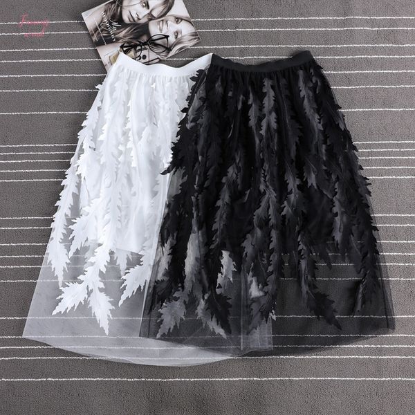 

2020 exquisite embroidery applique tutu skirt korean style long skirt perspective skirts womens ing, Black