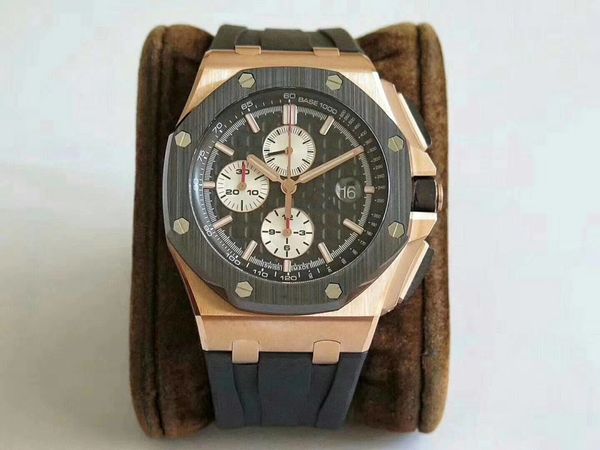 

jf spot luxury mens watches 26400 so 3126 multi-function timing movement watches 44mm chronograph rubber strap watch montre de luxe, Slivery;brown