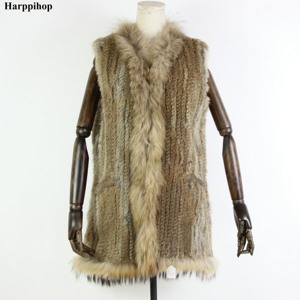

paragraph hooded rabbit fur raccoon fur vest long design black y190926, Black;brown