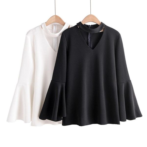 

2019 autumn europe and america women's dress new style hollow out halter v-neck bell sleeve 674, White