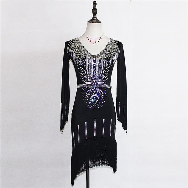 

latin dance dress women performance flapper dress diamond tassel long sleeve v-neck latino dancing competition dresses dwy1973, Black;red