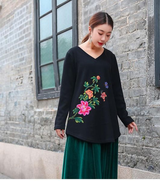 

china style hand painted comfortable cotton t shirt v neck loose fit traditional warm fleece flare a-line tees plus size 4x, White