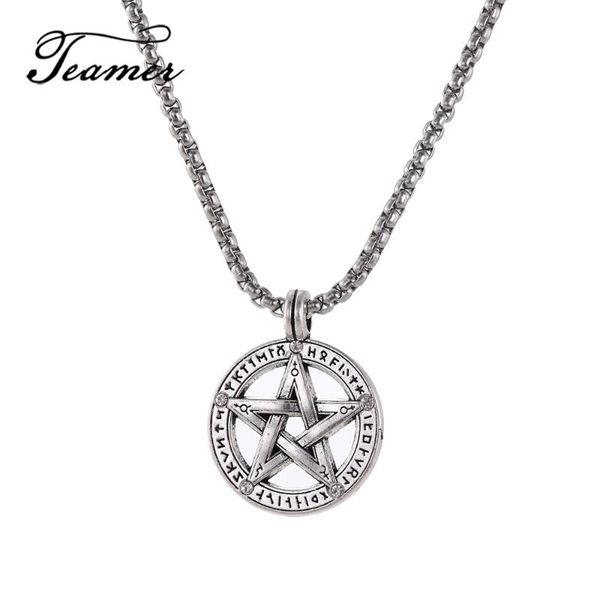 

teamer pentacle pentagram pendant necklace men star stainless steel chain statement talisman amulet supernatural wicca jewelry, Silver