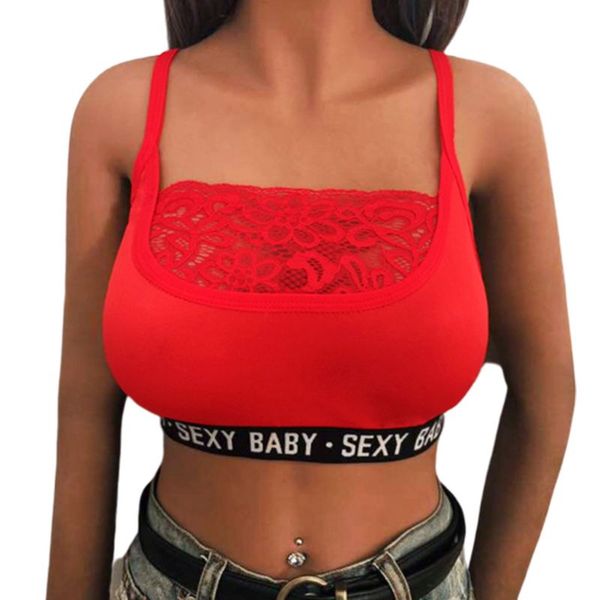 

womens hollow out crochet floral lace splicing sport bralette spaghetti strap backless crop seamless letters underwear, Red;black