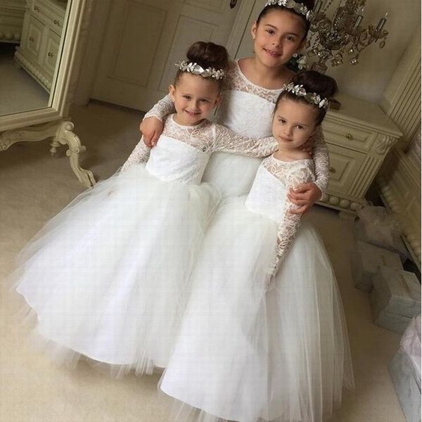 

simple white ivory flower girl dress for wedding lace long sleeve dresses for girl first communion princess dresses, Red;yellow