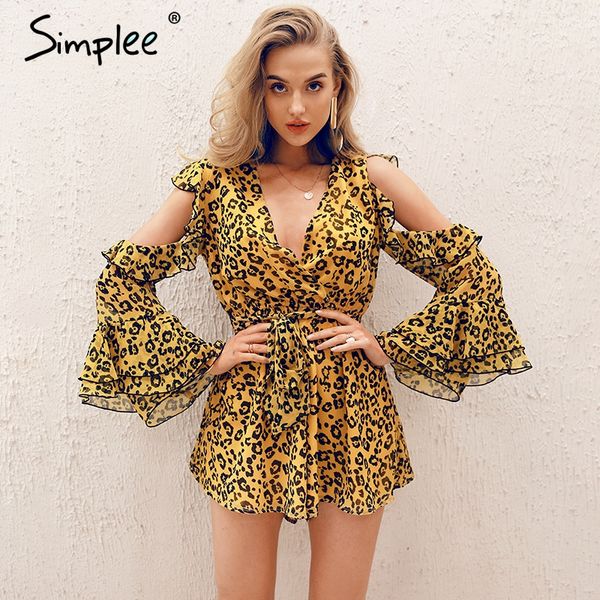 

simplee v-neck leopard print women playsuit elegant cold shoulder short jumpsuit romper sashes summer casual overalls 2019, Black;white