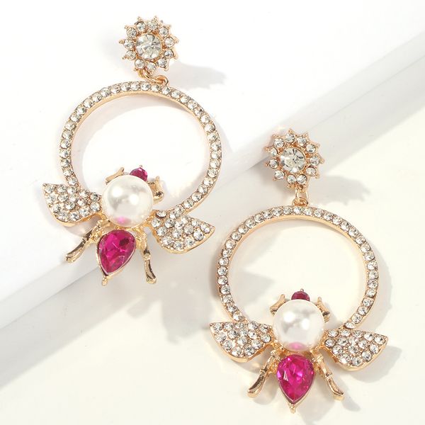 

wholesale-new trendy fashion luxury designer exaggerated diamond rhinestone lovely cute insects bee pearl pendant stud earrings for women, Golden;silver