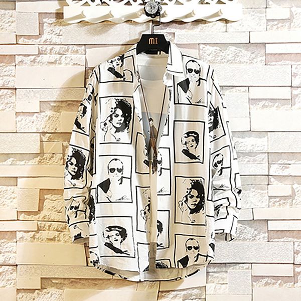 

2020 mens blouse streetwear autumn new fashion face pattern print shirt long-sleeved lapel loose large size mens shirts, White;black