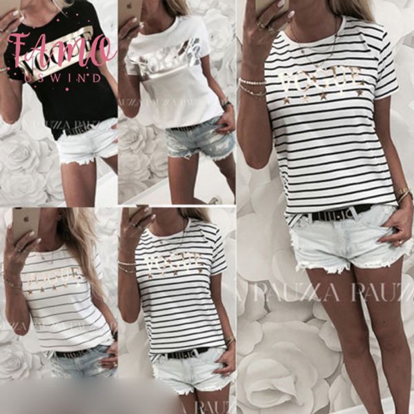 

2019 женская мода лето повседневная футболка с коротким рукавом печатный полосатый tshirts top shirt tee vintage белая рубашка женщина одежд, White