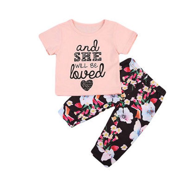 

детская одежда малыш младенческой дети новорожденных девочек письмо топы + брюки цветочные наряды одежда 2 шт. комплект, Pink;blue