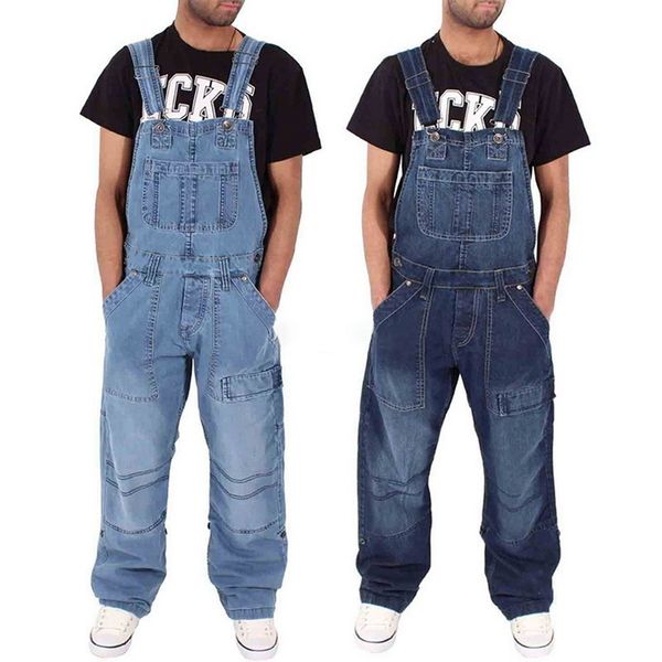 

2020 men one piece full length suspender pants casual loose wide leg slim pocket overalls denim jumpsuits ripped jeans baggy cx200701, Blue