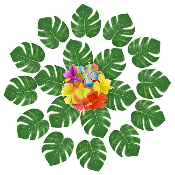 

css set of 120 hawaii style decorating pieces for summer with palm leaves and artificial hibiscus flowers - tropical plants - bi