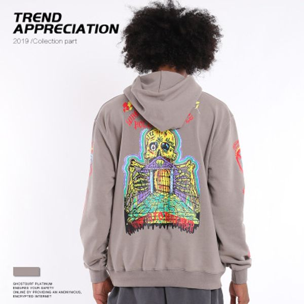 

designer mens hiphop hoodies trendy kenye west skulls pattern pullover luxury letter lonely place mens clothes streetwear for wholesale, Black