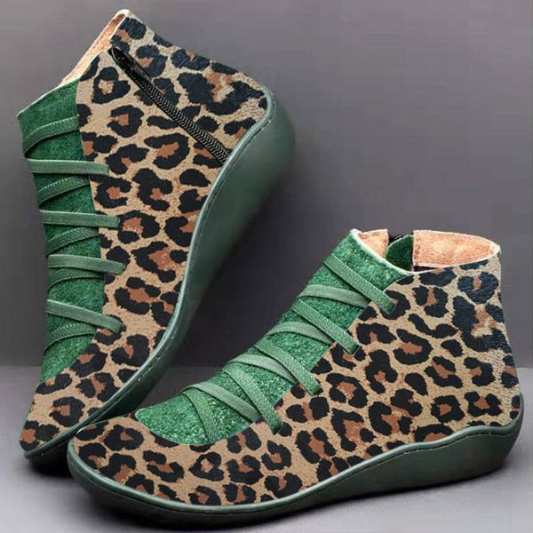

women vintage leopard boots winter casual leather lace-up zipper round toe flat booties new arch support shoe botas mujer, Black