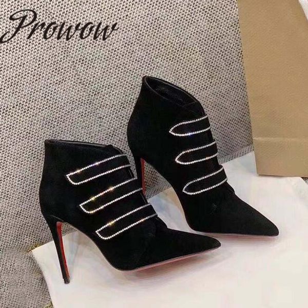 

prowow new suede leather pointed toe ankle boots crystal beading thin high heel fashion boots shoes women, Black