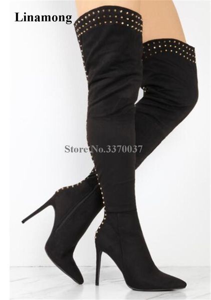 

new fashion women black suede leather gold rivet over knee boots super high heel thigh long spike high heel boots dress shoes