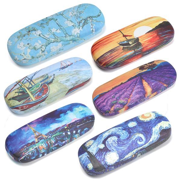 

2019 oil painting art glasses case box hard leather reading glasses case retro floral print eyewear protector holder, Silver