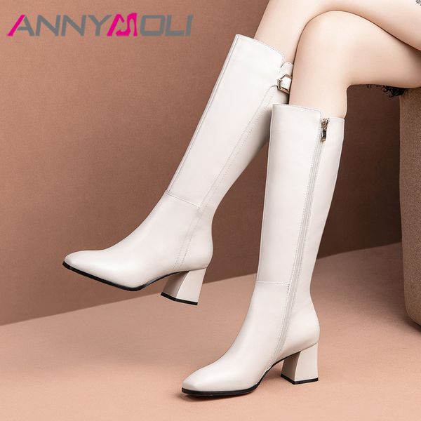 

annymoli winter knee high boots women natural genuine leather buckle thick high heel long boots zipper square toe shoes lady 39, Black