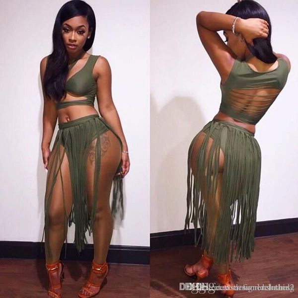 

green womens 2pcs dress hollow out backless tassel womens two piece sets fashion ladies club clothing, White