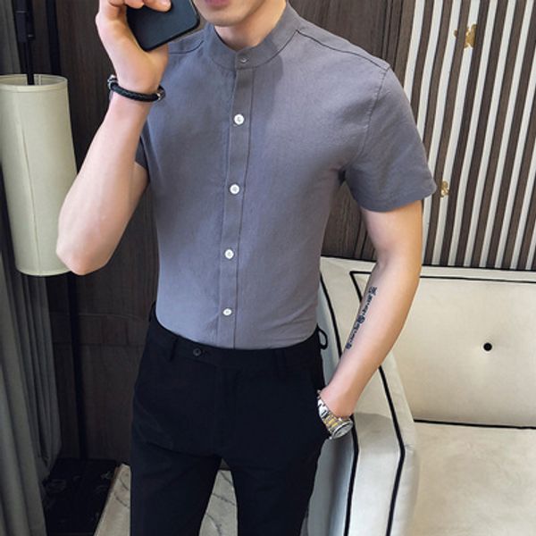 

2020 summer solid color men's slim collar short-sleeved shirt hairdresser british style large size cotton men's shirt, White;black