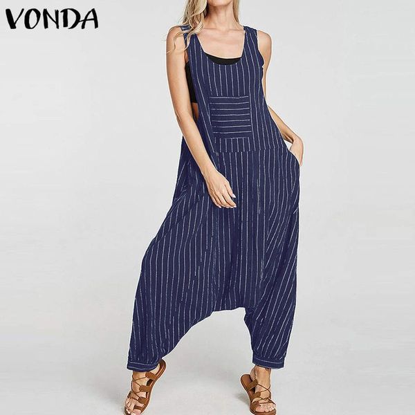 

rompers womens jumpsuits vonda vintage summer sleeveless striped playsuits casual loose bohemian overalls femme pants plus size, Black;white